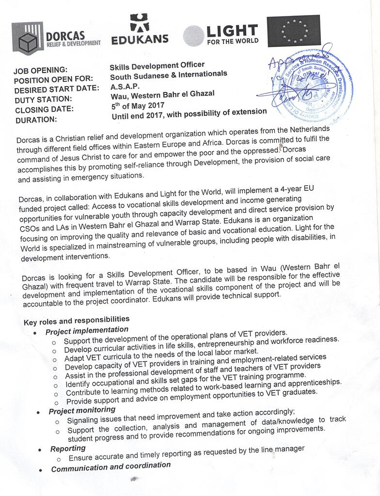 Job Advert for the Post of Skills Development Officer Job Vacancies