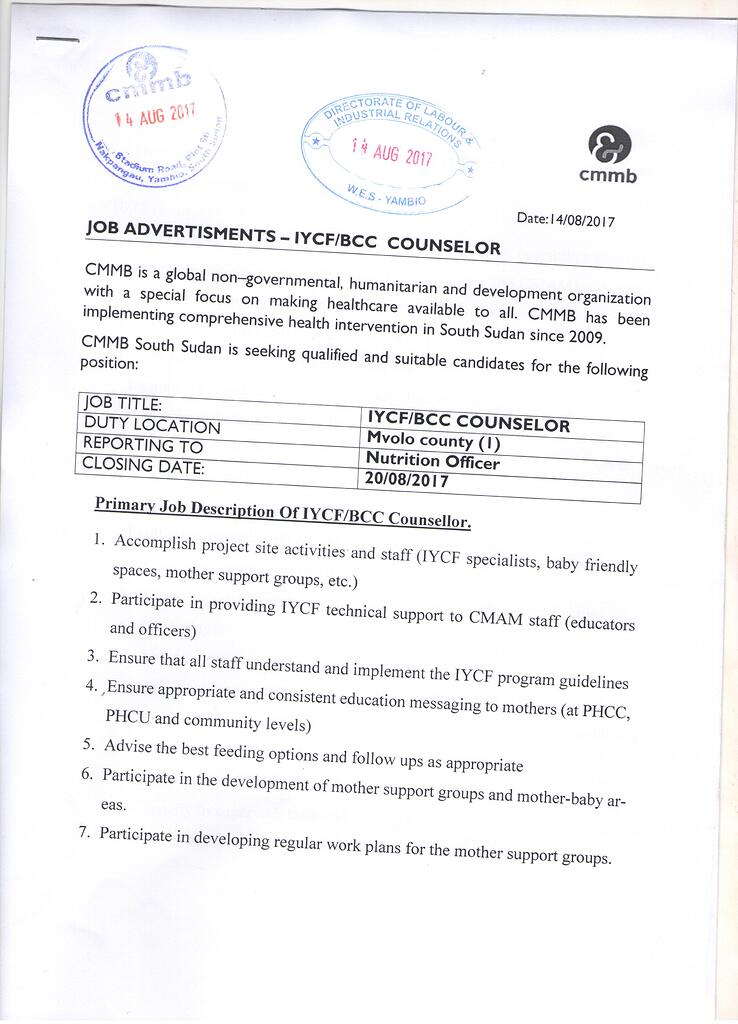 Job Advertisement IYCF/BCC CounselorMvolo Job Vacancies South