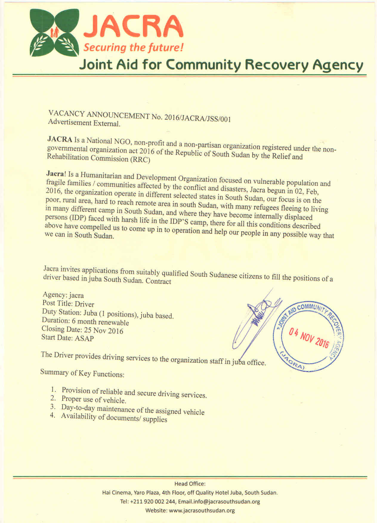 Job Opportunity For A Driver Job Vacancies South Sudan NGO Forum 