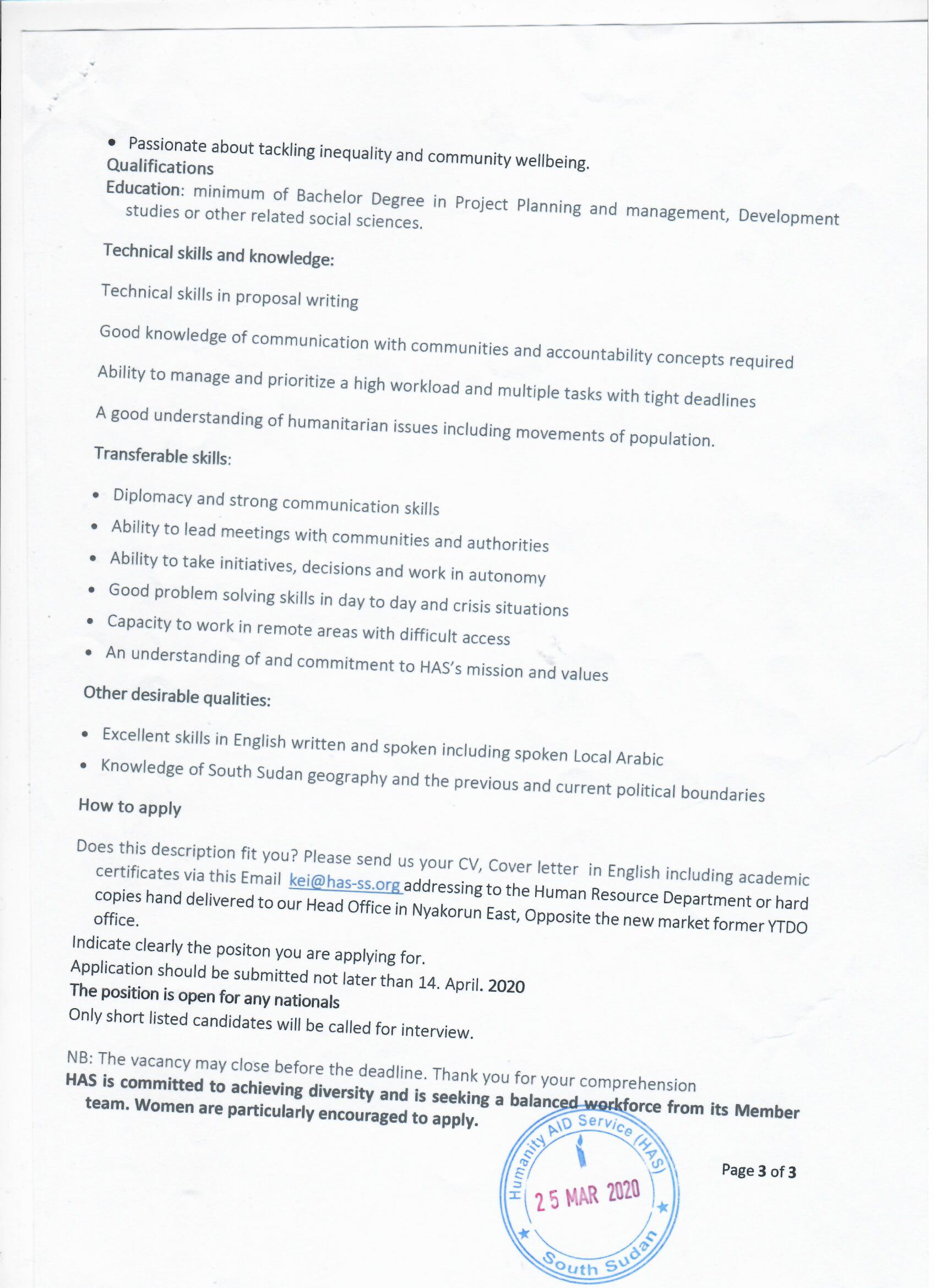 HAS Project Development Officer Job Vacancies South Sudan NGO 